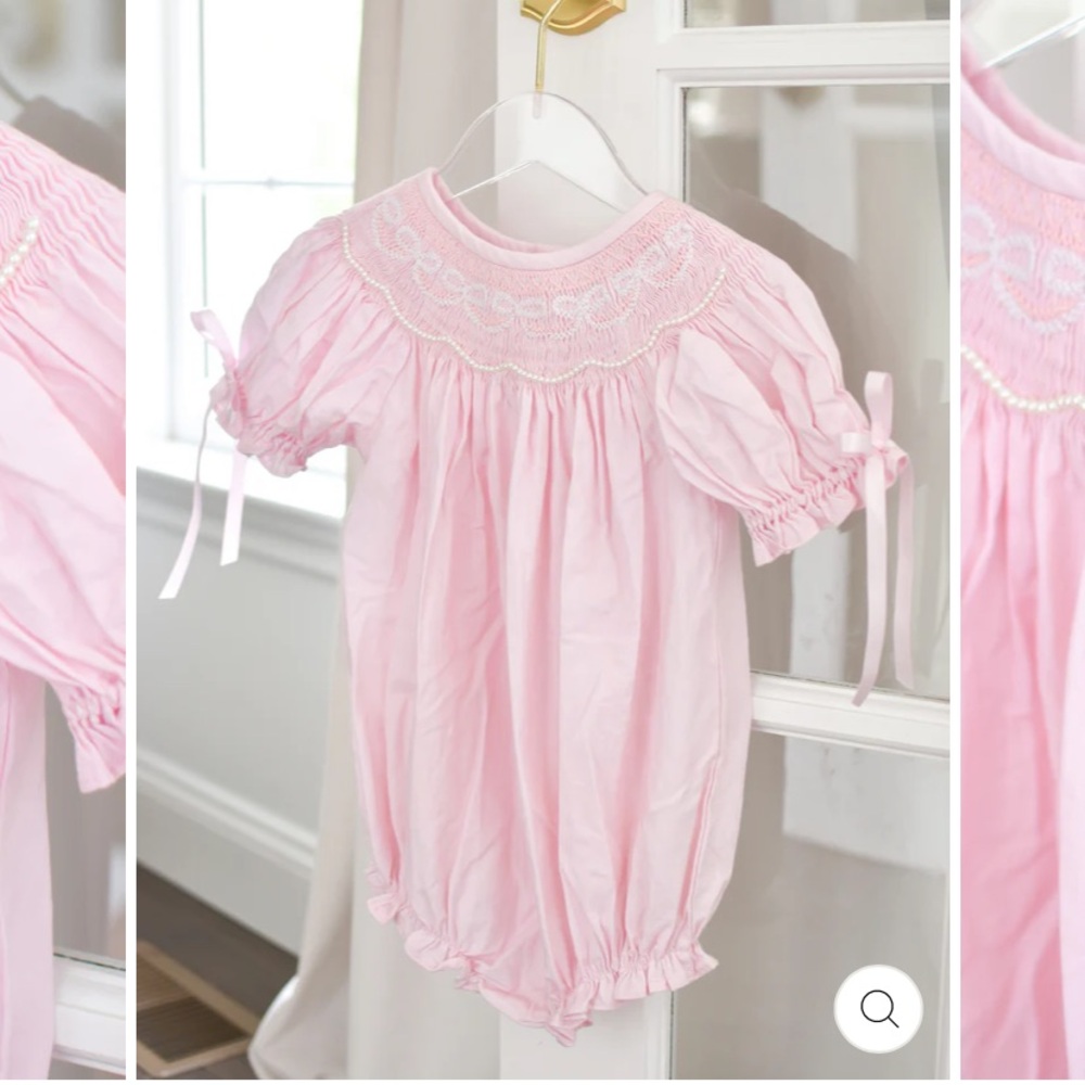 Pink Bow Smocked Bubble With pearls